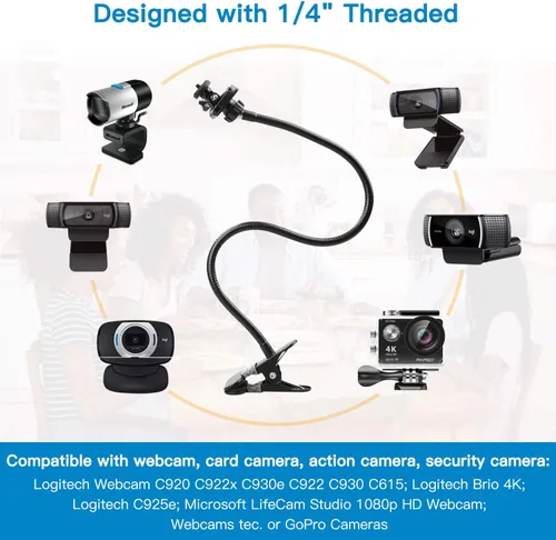 Vista 2 de Pipishell Soporte de cámara web de 25 pulgadas, abrazadera de montaje de escritorio flexible con cuello de cisne para cámara web Logitech C960 C930e