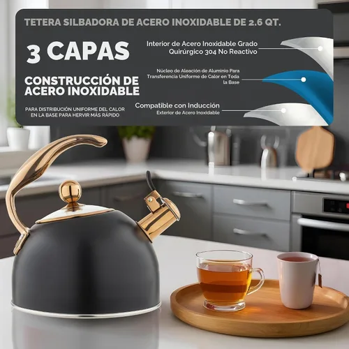 Vista 3 de Tetera de acero inoxidable Viking de 3 capas, 2.6 cuartos de galón para estufa con tapa de vidrio templado, mango ergonómico, lista para inducción