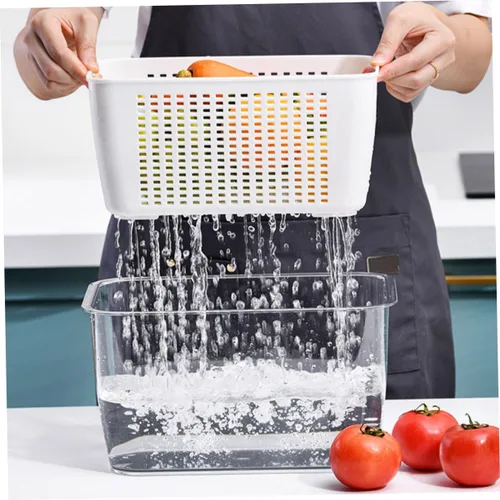 Vista 9 de Colador de lavado de arroz crujiente, cesta de lavado de verduras, doble capa, cuenco de lavado de verduras, bandeja de lavado de verduras, colador