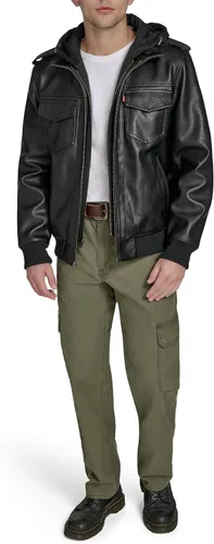 Vista 2 de Levi's Men's Faux Leather Aviator Bomber Jacket With Jersey Bib and Hood