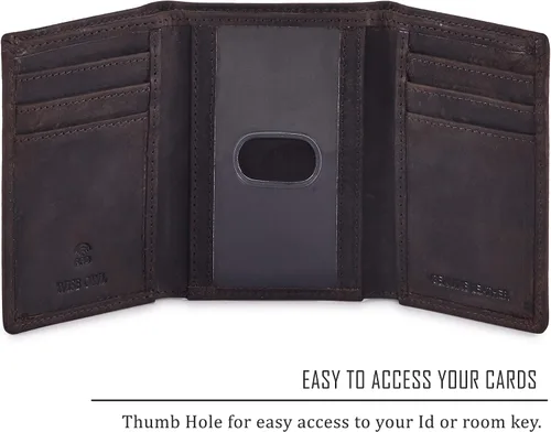 Vista 3 de Cartera de piel auténtica con triple pliegue para hombre, bolsillo frontal delgado, tarjeta de bloqueo RFID