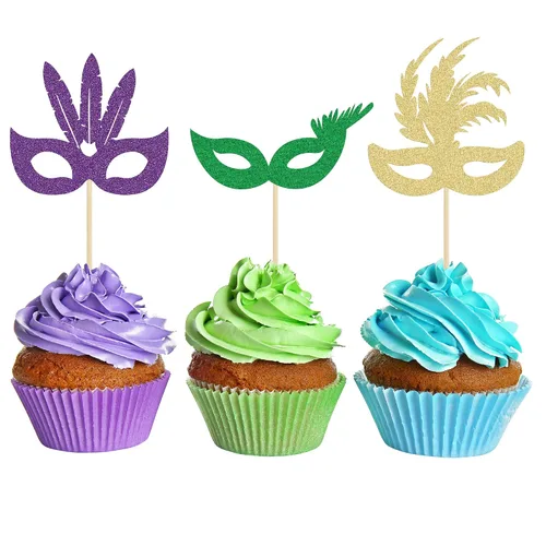 Vista 17 de Gyufise 24 máscaras de mascarada para cupcakes con purpurina para despedida de soltera, para cupcakes, comida y frutas, baile de máscaras, Mardi
