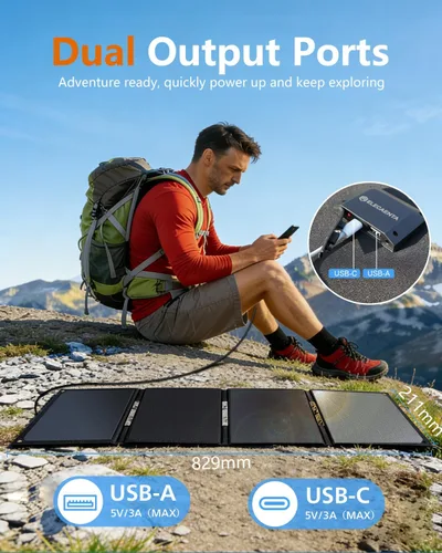 Vista 5 de ELECAETNA - Panel solar portátil HPBC de 30 W, conversión del 25,4%, solo 1.1 libras, IP68 USB C y USB QC3.0 carga rápida, cargador solar plegable