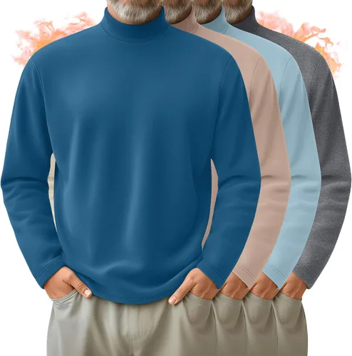 Vista 15 de Paquete de 4 Camisas de Cuello Alto Simulado para Hombre, Suéter Pullover Térmico de Manga Larga, Camiseta Interior Casual de Ajuste Holgado