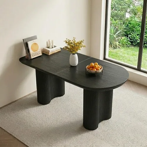 Vista 13 de Mesa de comedor negra de 63 pulgadas, una mesa rectangular de extremo redondeado con patas de diseño ondulado para cocina, comedor, oficina en casa