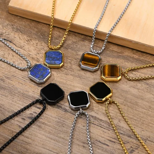 Vista 6 de MEALGUET Collar de acero inoxidable para hombre, piedra natural cuadrada, colgante de ágata de ojo de tigre, collar geométrico minimalista