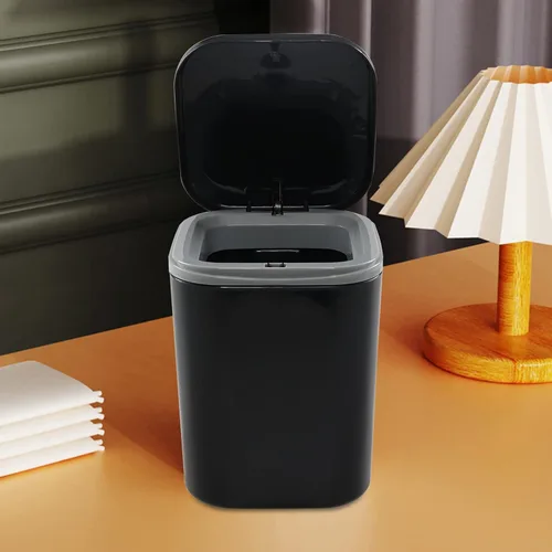Vista 6 de Cubo de basura pequeño de 0.5 galones para encimera, cesta de basura de escritorio pequeña, color negro Mini basurero de escritorio con botón
