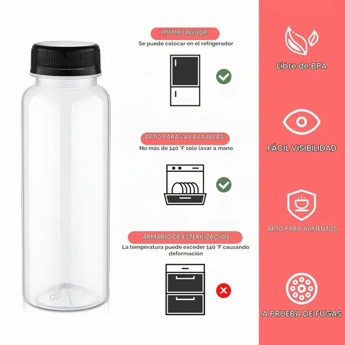 Vista 4 de Tanlade - Paquete de 200 botellas de plástico para jugo con tapas reutilizables, 8 onzas, color negro Empty PET Drink Containers, Leak-proof Lids