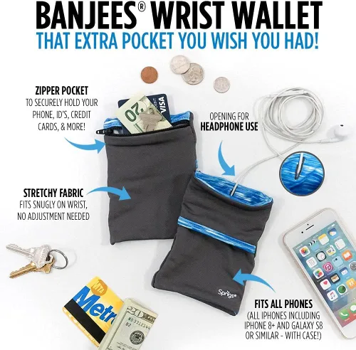 Vista 2 de Sprigs Banjees Cartera de Muñeca de 2 Bolsillos/Banda de Muñeca/Bolsillo de Muñeca para Viajar, Caminar y Correr. Bolsa Cartera que Contiene