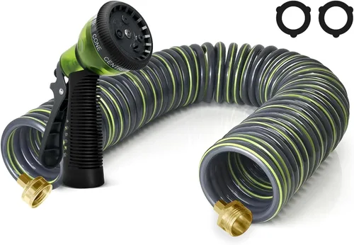Vista 13 de Manguera de jardín de bobina de EVA de 25 pies con conector de latón de 3/4 pulgadas, manguera de agua en espiral, ligera y sin torceduras, incluye