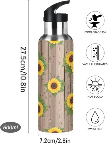 Vista 9 de BPA-Free Sport Water Bottle Insulated 32 Oz, Stainless Steel Vacuum Insulated Water Bottle for Gym Outdoor Travel School, Sunflowers Rustic Wooden