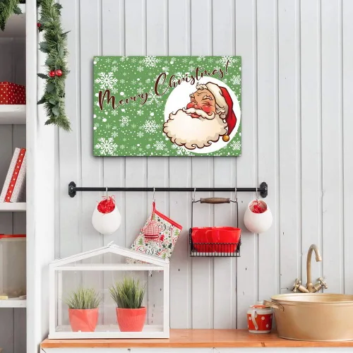 Vista 3 de Renditions Galley - Arte de pared de Papá Noel de dibujos animados, fondo de copo de nieve verde y blanco, decoraciones de Navidad lindas y frescas
