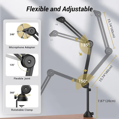 Vista 6 de TONOR Brazo de brazo de micrófono, brazo de micrófono ajustable con filtro pop extra grande, adaptador de tornillo de 3/8 pulgadas y 5/8 pulgadas