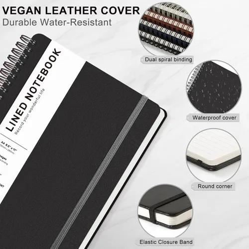 Vista 4 de Cuaderno de diario forrado en espiral, cuaderno A4 de cuero de tapa dura para el trabajo, 8.5 x 11 pulgadas, cuadernos de papel grueso de 100 GSM