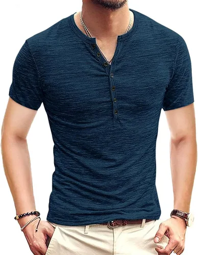 Vista 8 de KUYIGO Camisas Henley para hombre, estilo casual, ajustadas, básicas, de A01 Negro Puro
