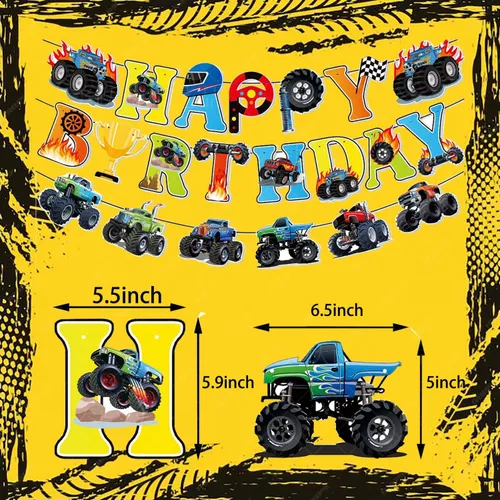 Vista 3 de Decoraciones de cumpleaños de Monster Truck incluyen 2 manteles, pancarta de cumpleaños, remolinos colgantes, calcomanías y guirnalda (Monstertruck)