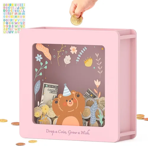 Vista 17 de Summidate Caja de ahorro de dinero de madera, caja de ahorro de ventana transparente con calcomanías de bricolaje, alcancía de oso personalizada