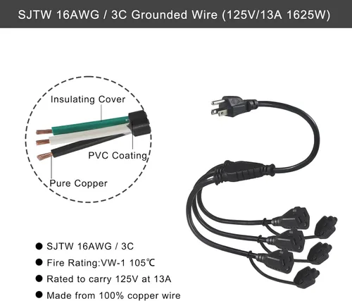 Vista 2 de Cable divisor de alimentación de 3 tomas, 1 a 3 tomas de corriente para uso en interiores y exteriores, resistente a la intemperie, SJTW 16 AWG
