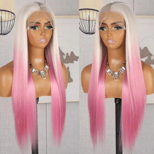 Vista 22 de QD-Tizer Pelucas de cabello sintético con encaje frontal de 13 x 6 pulgadas, sin pegamento, color rojo vino, color burdeos, pelucas de cabello largo