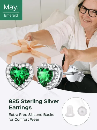 Vista 5 de ChicSilver Aretes de plata de ley 925 con forma de corazón, redondo, pera, esmeralda, piedra natal con halo para mujer, joyería de cumpleaños