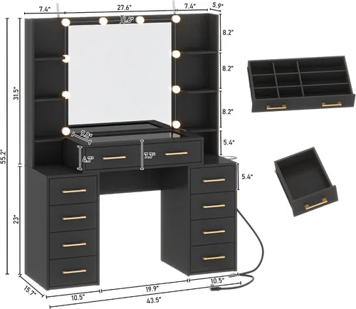 Vista 2 de Escritorio de tocador con espejo y luces, tocador de maquillaje grande de 43.5 pulgadas con parte superior de vidrio y 9 cajones, mesa de maquillaje