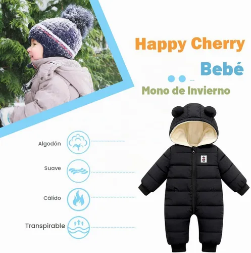Vista 3 de Happy Cherry Traje de nieve para bebé Abrigo de invierno Sudadera con capucha cálida Mameluco Chaqueta acolchada tipo puffer Negro