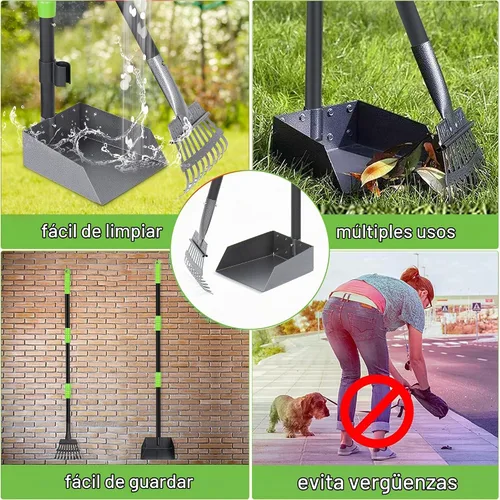 Vista 6 de Niubya Recogedor de excrementos para perros, bandeja de metal para recoger excrementos y rastrillo con mango largo ajustable, recogedor de Negro
