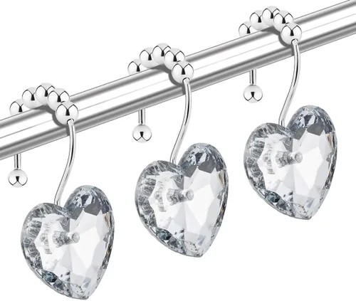 Vista 10 de Ganchos de cortina de ducha de cristal negro con diamantes para baño, 12 unidades, anillos de acero inoxidable plateados a prueba de óxido, colgador