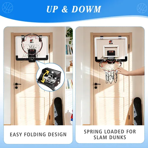 Vista 4 de CYFIE Mini aro de baloncesto para interiores para niños con luz LED, ventosa/aro de baloncesto sobre la puerta con marcador y 3 bolas, juguetes