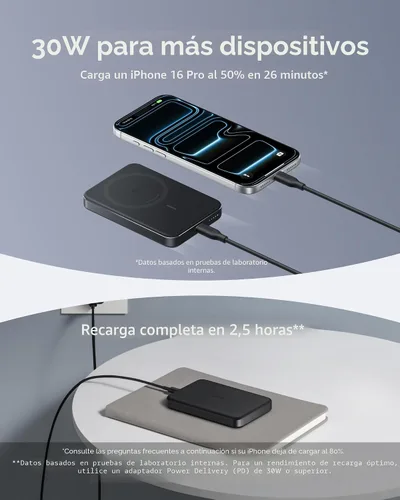 Vista 6 de Anker MagGo Power Bank, batería magnética ultradelgada de 10,000 mAh, con certificación Qi2 de 15 W, cargador portátil ultra rápido compatible