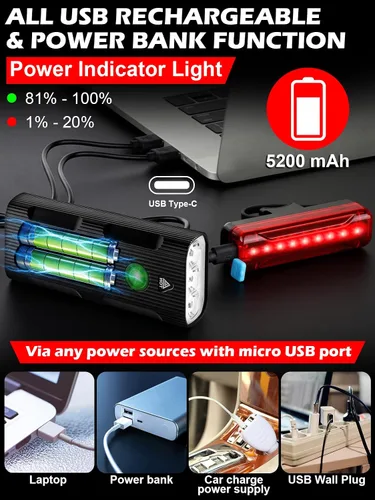 Vista 5 de Luces de bicicleta delanteras y traseras, juego de luces LED recargables para bicicleta de noche, 5+5 modos de iluminación, IPX5 impermeable, USB