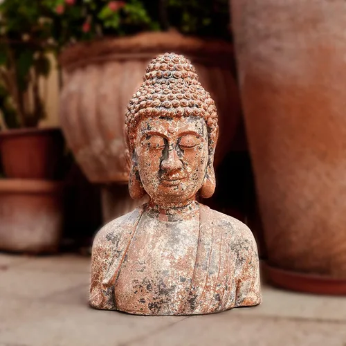 Vista 4 de Estatua de Buda Floryden para el hogar, estatuas de busto de Buda meditando, estatua de cabeza de Buda espiritual rústica, acabado de óxido