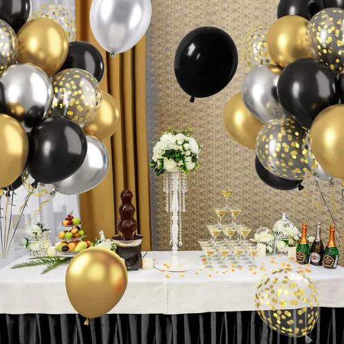 Vista 9 de Paready - Globos negros y dorados, 60 globos de 12 pulgadas de confeti dorado, globos de látex para fiestas con cintas para cumpleaños, graduación