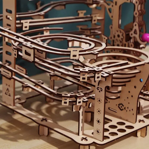 Vista 4 de Kit de carrera de mármol de madera, rompecabezas 3D, bolas de colores de madera, polipasto escalonado con mecanismo de elevación de 3 escalones
