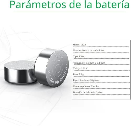 Vista 2 de LiCB - Pilas de botón LR44, AG13, 357, 303, SR44, 20 unidades, batería de 1.5V