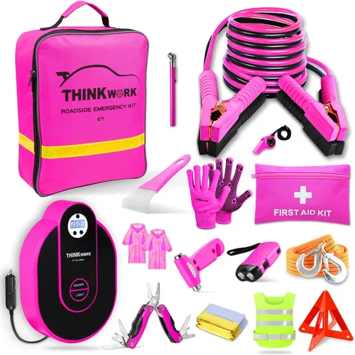 Vista 10 de THINKWORK - Kit de emergencia de coche para regalos de adolescentes y damas, kit de asistencia en carretera rosa con juego de herramientas