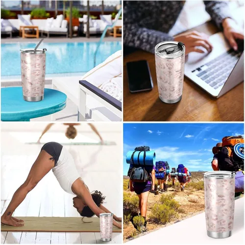 Vista 7 de Vaso de acero inoxidable aislado al vacío de doble pared, simple termo con estampado de leopardo, guepardo, oro rosa, taza de viaje para café