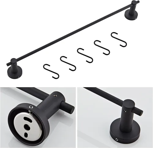 Vista 4 de Toallero de 21.6 pulgadas con 5 ganchos en forma de S, toallero de acero inoxidable negro para baño y baño, montado en la pared, para ollas