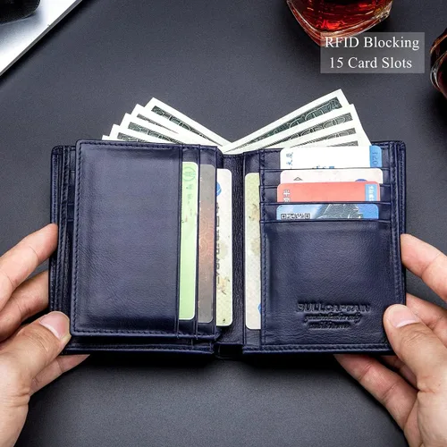 Vista 4 de BULLCAPTAIN Cartera plegable de cuero genuino de gran capacidadtitular de la tarjeta de crédito para los hombres con 15 ranuras para tarjetas