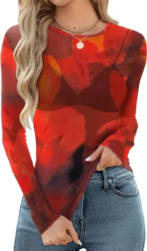 Vista 20 de OFEEFAN - Blusas de malla para mujer con manga larga y encaje, camisetas de cuello redondo ajustadas y transparentes Champán