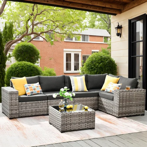 Vista 20 de ovios Juego de muebles de patio de 6 piezas, sofá seccional de mimbre para exteriores con mesa auxiliar, cómodos cojines, moderno sofá modular Beige