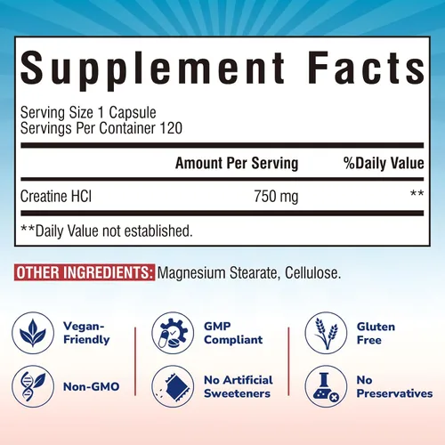 Vista 2 de Vitalibre Cápsula de creatina HCl, 750 mg de clorhidrato de creatina de alta absorción, resistencia, fuerza, absorción rápida, sin carga, sin