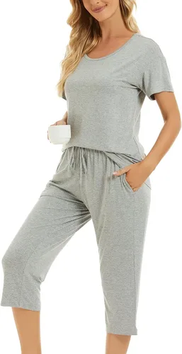 Vista 3 de LOCUBE Conjunto de pijama para mujer, suave y cómodo, conjunto de pijama de manga corta y pantalones capri