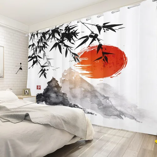 Vista 4 de Cortinas japonesas con pintura de tinta, monte Fuji, sol rojo, puesta de sol, hojas de bambú, cortinas de ventana para dormitorio, sala de estar