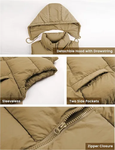 Vista 3 de Chaleco acolchado para mujer con capucha extraíble, sin mangas, con cremallera completa, chaqueta acolchada de plumón