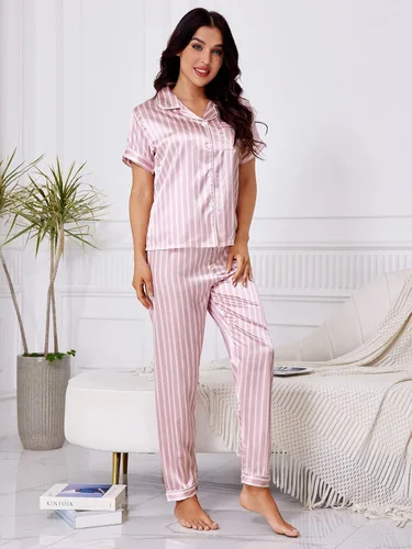 Vista 6 de WDIRARA Conjunto de pijama de manga corta y pantalones de satén a rayas para mujer