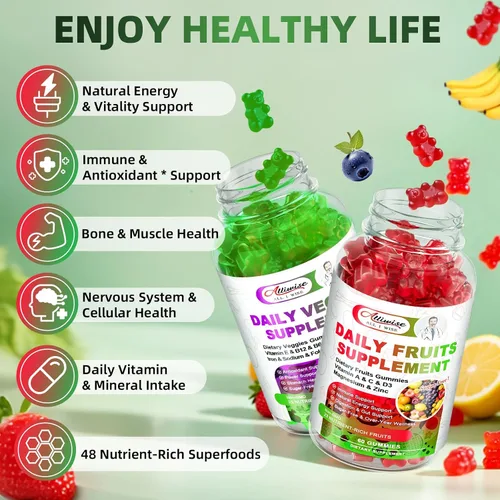 Vista 2 de Gomitas de frutas y verduras sin azúcar, súper verduras con 23 frutas y 25 verduras, minerales multivitamínicos y fibra, suplemento vegano de frutas