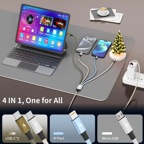 Vista 3 de 4 in 1 Multi Charging Cable, 2 Pack 6FT Charging Cords for Devices Nylon Braided USB C Car Charger Cable with Dual USB-C, IP & Micro Ports, Long