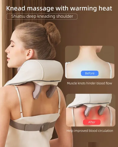 Vista 4 de Masajeador de cuello para aliviar el dolor de tejido profundo, alivia la tensión, amasador con calor, mejora la circulación, alivia el dolor Beige