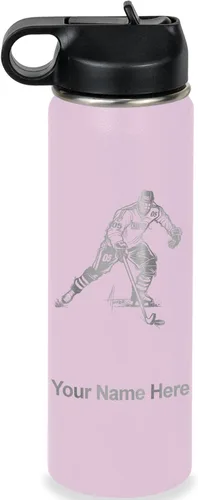 Vista 75 de LaserGram Botella de agua personalizada, jugador de hockey, acero inoxidable de doble pared aislada al vacío con popote superior, regalo grabado